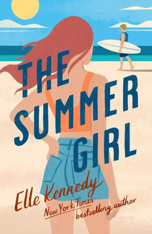 Vibrerende strandboekcover van avalon bay the summer girl van elle kennedy met een vrouw in oranje en blauw zwemkleding