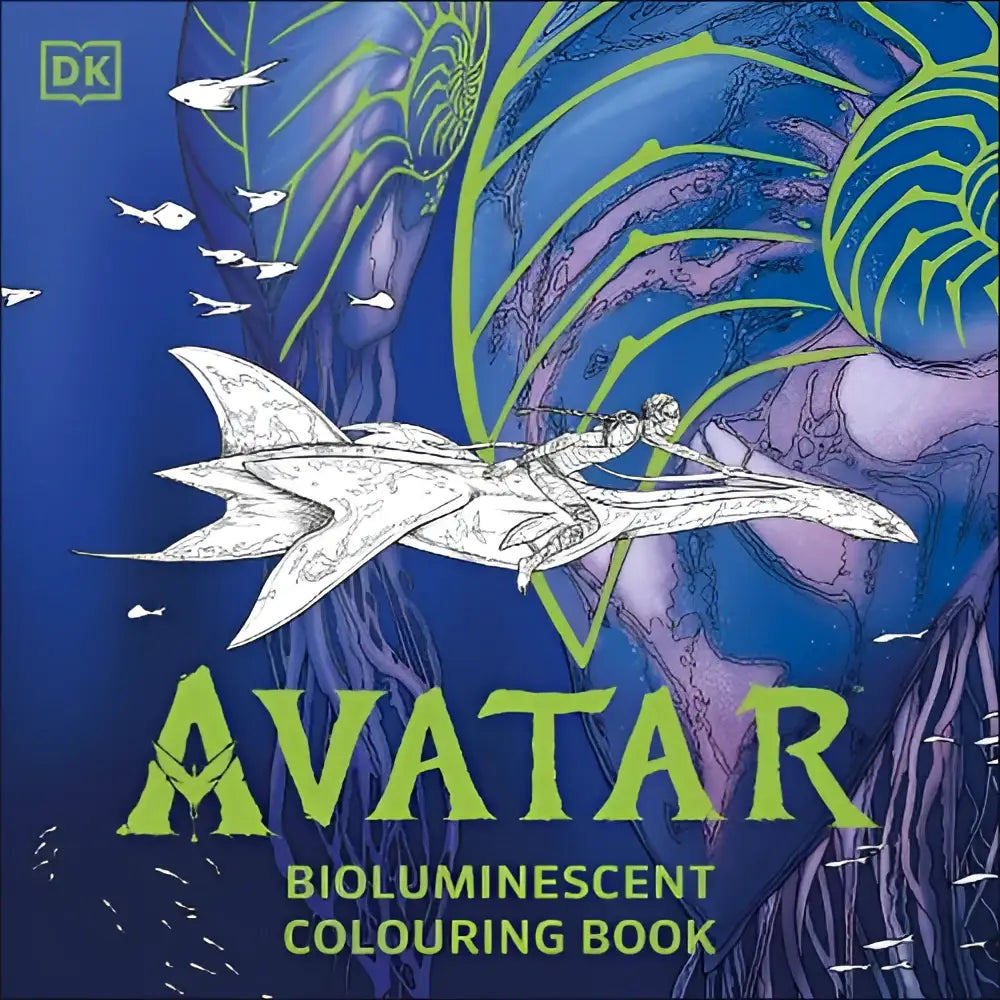 Avatar bioluminescent colouring book with white flying vehicle in vibrant blue and green scene officially licensed glow