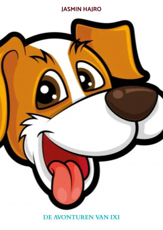 Een vrolijke cartoonhond met bruin en wit haar, zwarte neus en rode tong in het boek de avonturen van ixi