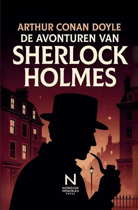 De avonturen van sherlock holmes boekcover met zwarte silhouet en klassieke detectiveverhalen uit victoriaanse londen