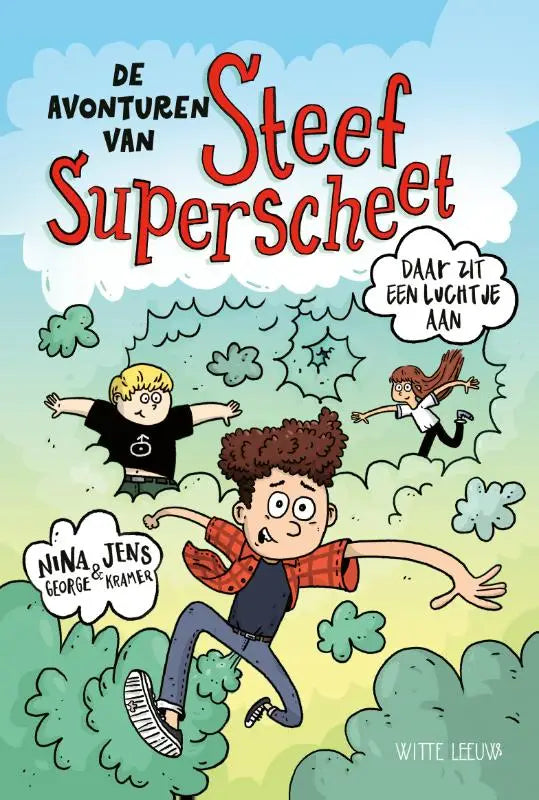 De avonturen van steef superscheet kinderboek met kleurrijke illustraties en opvallende rode en zwarte letters door nina george