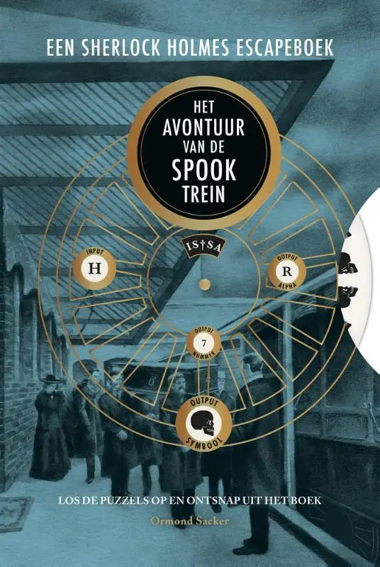 Cover van het puzzel thriller boek het avontuur van de spooktrein door ormond sacker met sepia vintage treinstation