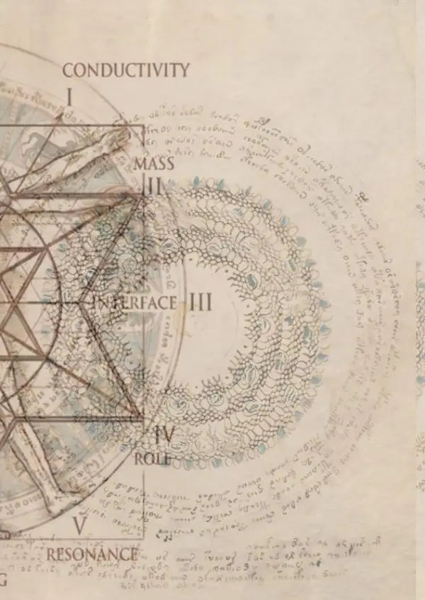Een handgetekende wetenschappelijke diagram op oud perkament met labels zoals geleidbaarheid, massa en resonantie voor ritmische oscillatie en menselijke dynamiek