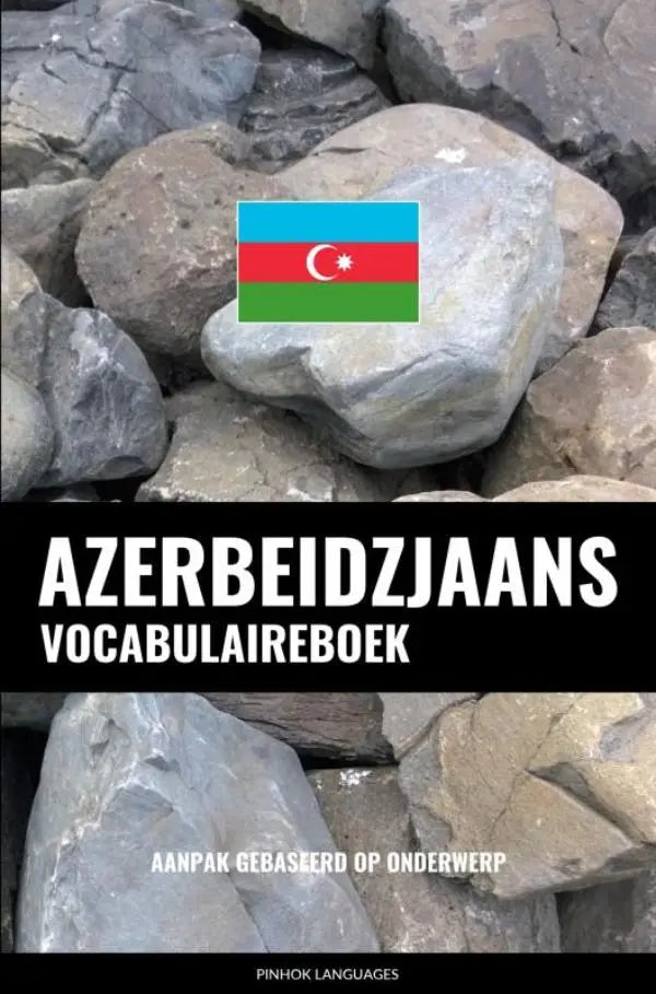 Azerbeidzjaans vocabulaireboek met vlagembleem op cover tegen grijze rotsen, aanpak gebaseerd op onderwerp