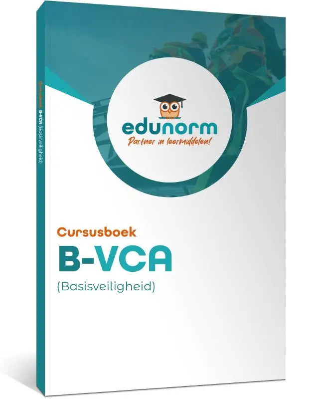 Witte en turquoise harde kaft cursusboek b-vca basisveiligheid vca lesboek met uil logo van edunorm