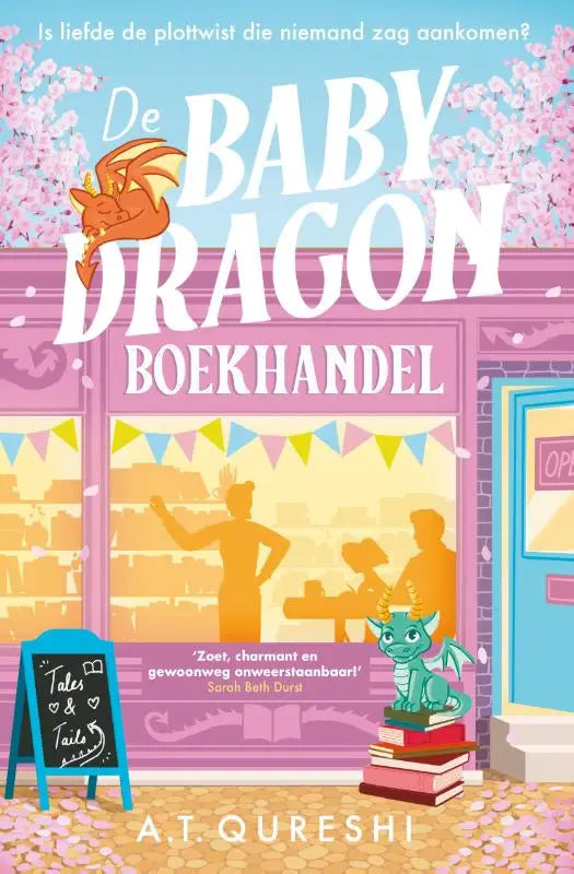 Roze baby dragon boekhandel met kleine groene babydragon op gestapelde boeken voor de deur