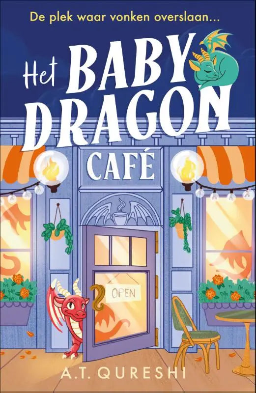 De cover van het kinderboek het baby dragon café van a t toont een kleurrijk ontwerp met een baby dragon en vonken overslaan