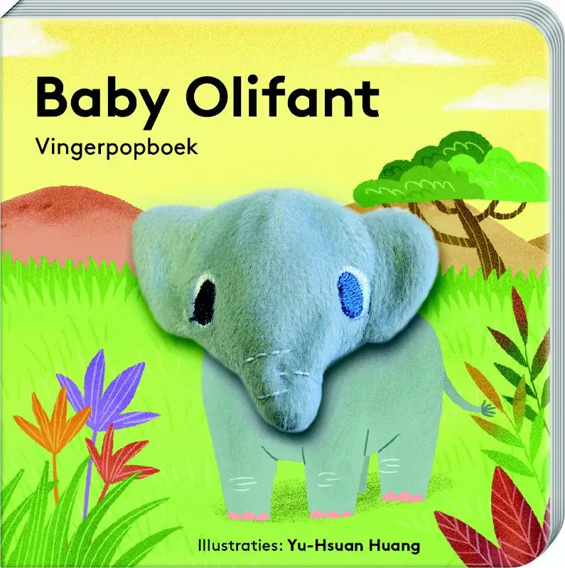A zachte lichtblauwe baby olifant vingerpop met geborduurde ogen en details voor jonge lezers in baby olifant boek