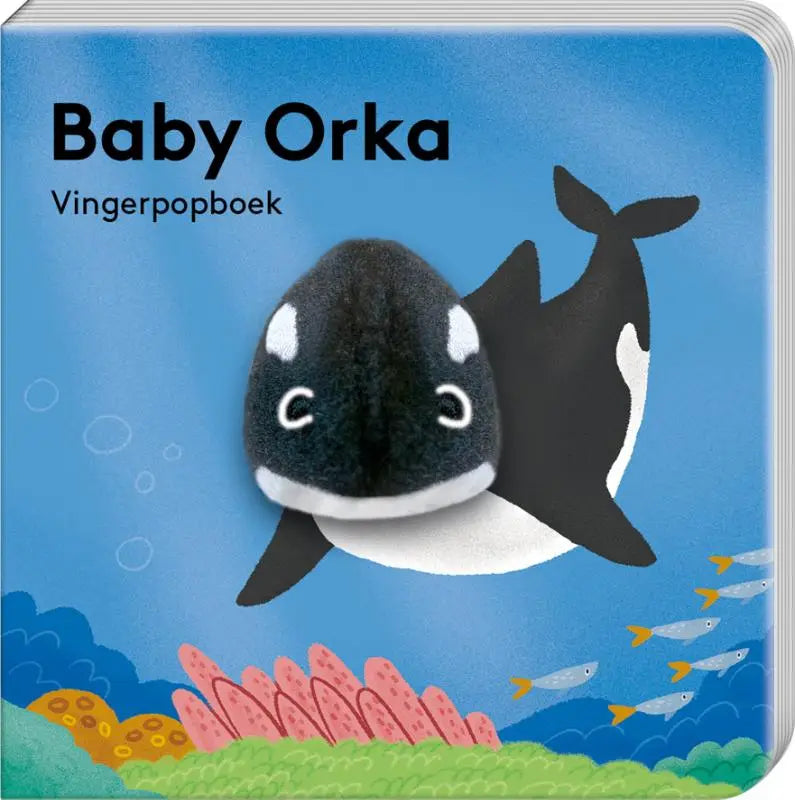 A zachte zwart-witte vilten baby orka vingerpop met geborduurde ogen ideaal voor jonge lezers