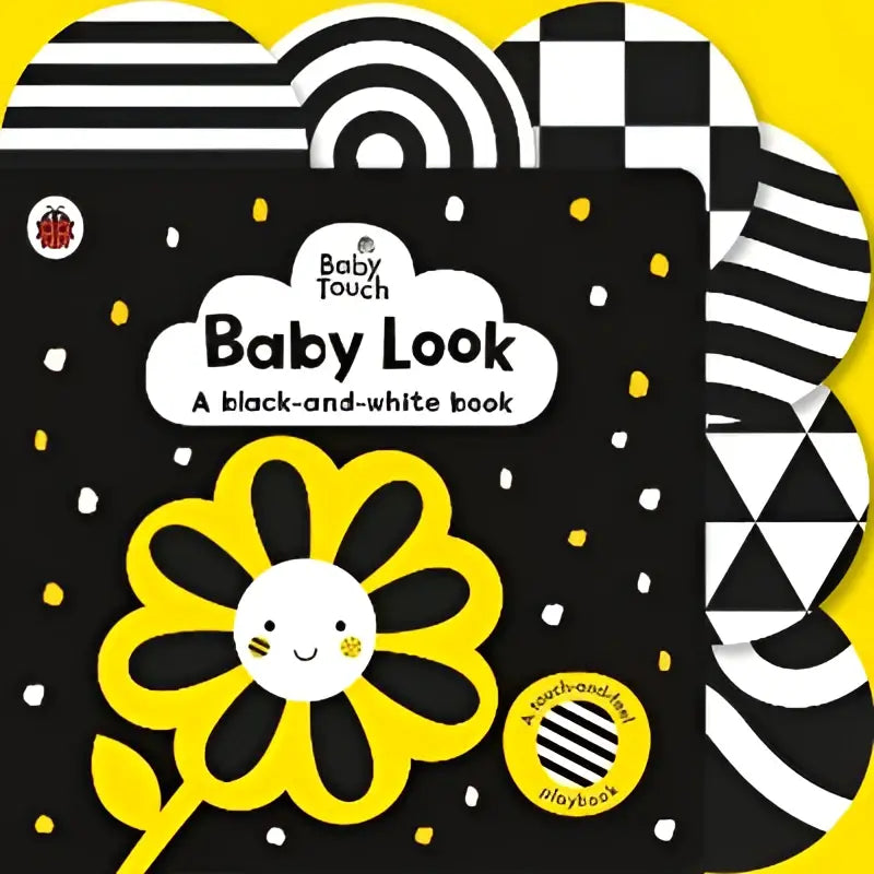 Baby touch baby look board book met zwartgele babyboekpagina en lachende bloem en geometrische patronen