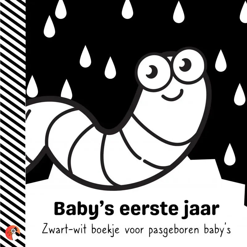 Zwart-wit boekje met illustratie van een glimworm voor pasgeboren baby’s en jonge lezers tegen regenachtergrond