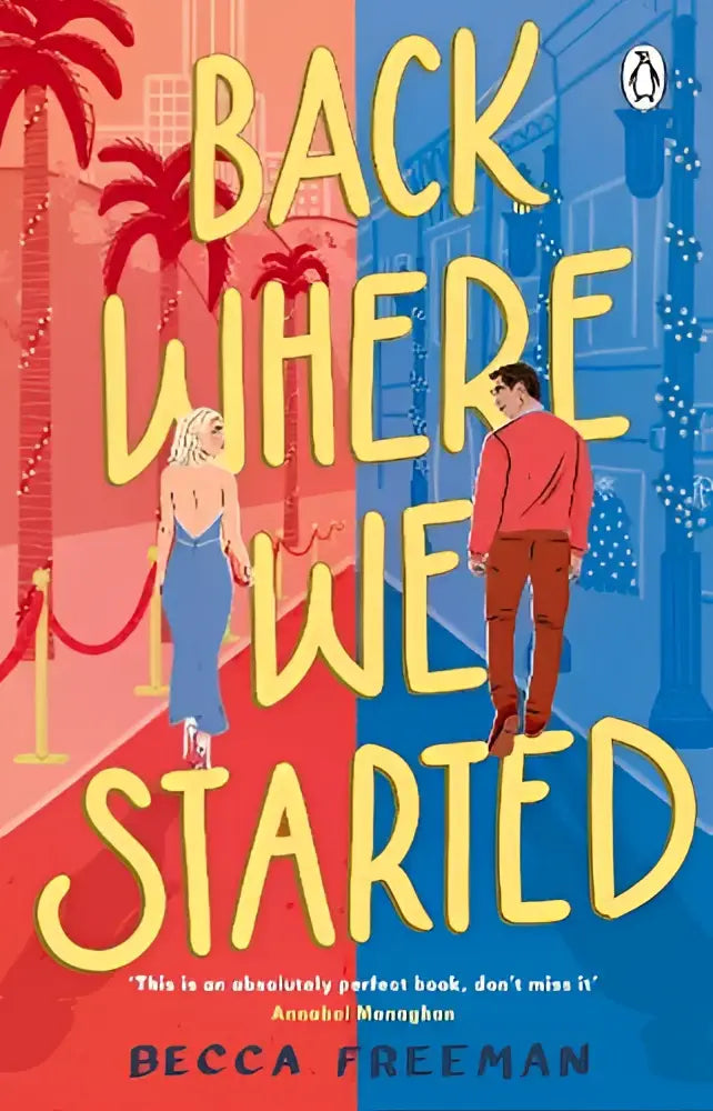 The book cover of back where we started by penguin books ltd features bold yellow letters on red and blue with figures under palm trees