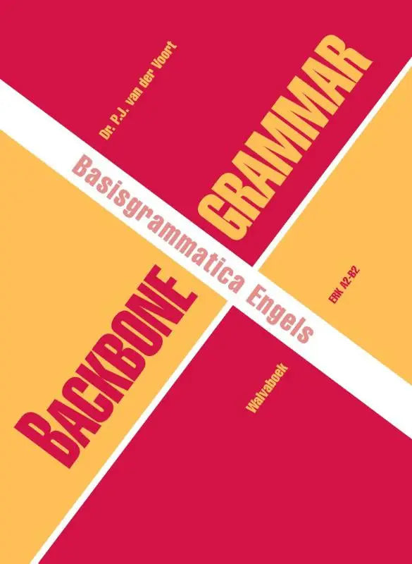Een gedurfde rode en gele backbone grammar boekcover voor basisgrammatica engels met geometrisch ontwerp en gouden titel