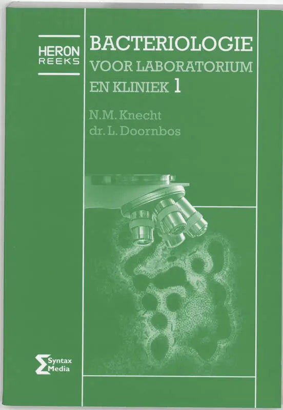 Groen boek over bacteriologie met microscoopillustratie, geschikt voor medische biologie en biomedische techniek opleidingen van syntax media