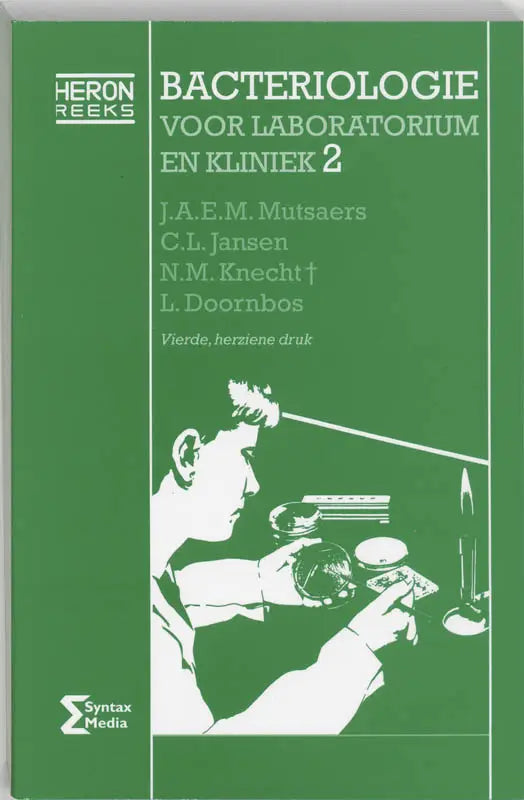 Groen boek over bacteriologie met witte tekst en afbeelding van wetenschapper voor medische biologie en biomedische techniek door syntax media