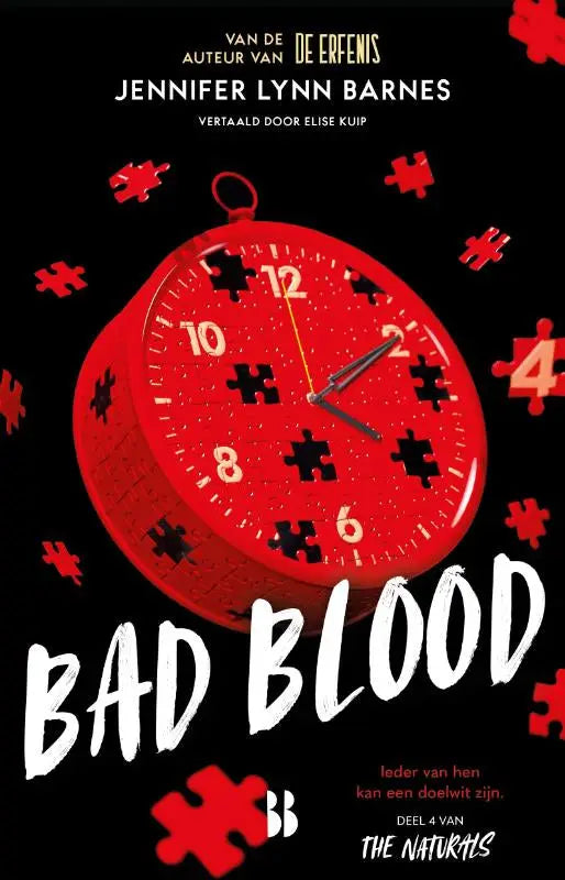 Een levendig rood glanzend zakhorloge met zwarte puzzelstuknummers in bad blood van jennifer lynn barnes