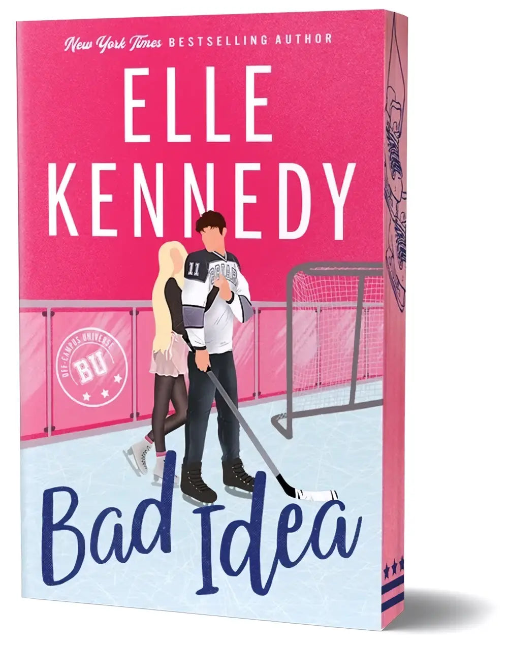 Pink hardcover book titled bad idea by elle kennedy with hockey romance cover illustration from bloom books deluxe edition