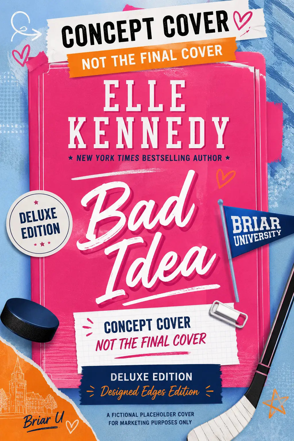 Roze boekomslag deluxe edition bad idea van elle kennedy met witte sierlijke titel en hockeystick decoraties
