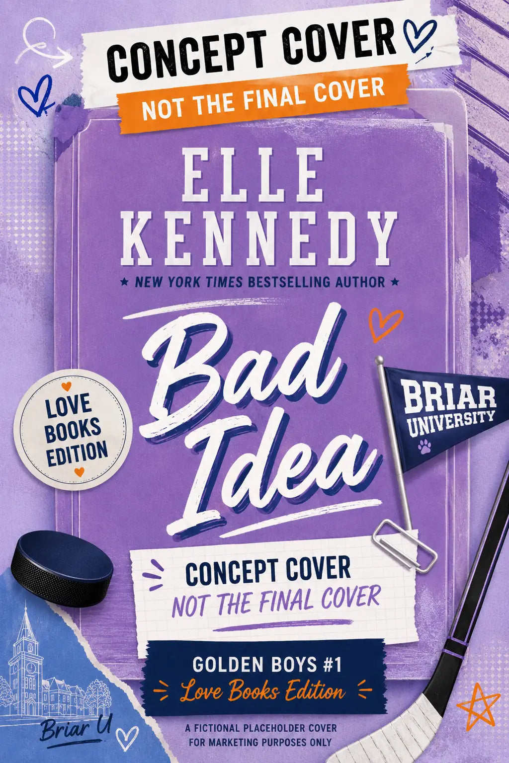 Purple book cover of bad idea golden boys 1 by elle kennedy with hockey stick puck and flag decorations