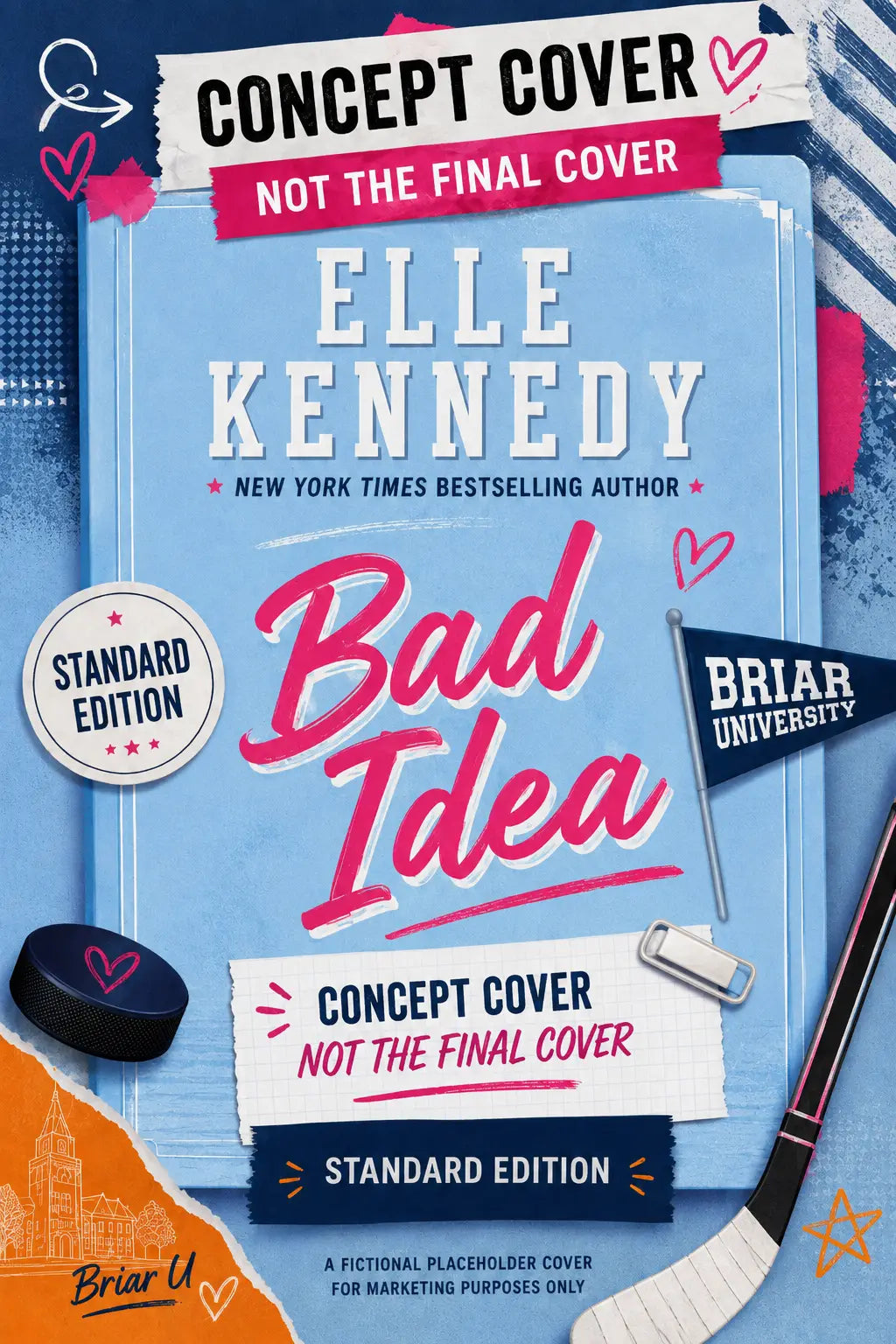 Lichtblauw boekomslag van bad idea standaardeditie met roze sierletters en hockeyelementen door elle kennedy