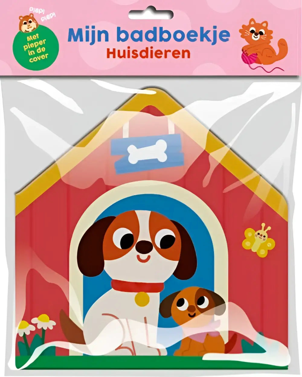 Nederlandstalig badboek mijn badboekje huisdieren met rood en geel huisvormig ontwerp en witte hond met bruine vlekken