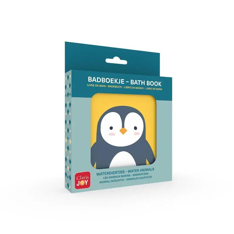 Een zacht pluchen pinguïn badboekje waterdiertjes voor jonge lezers in een teal kartonnen doos