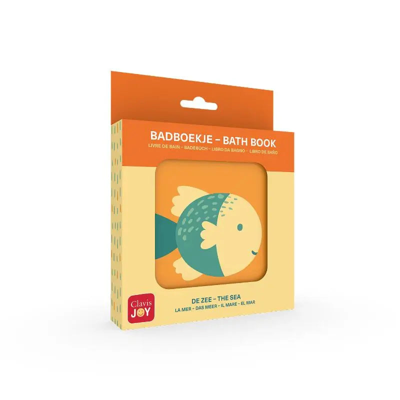 Orange en crèmekleurig badboekje de zee met illustratie van een teal en gele vis voor jonge lezers in clavis joy verpakking