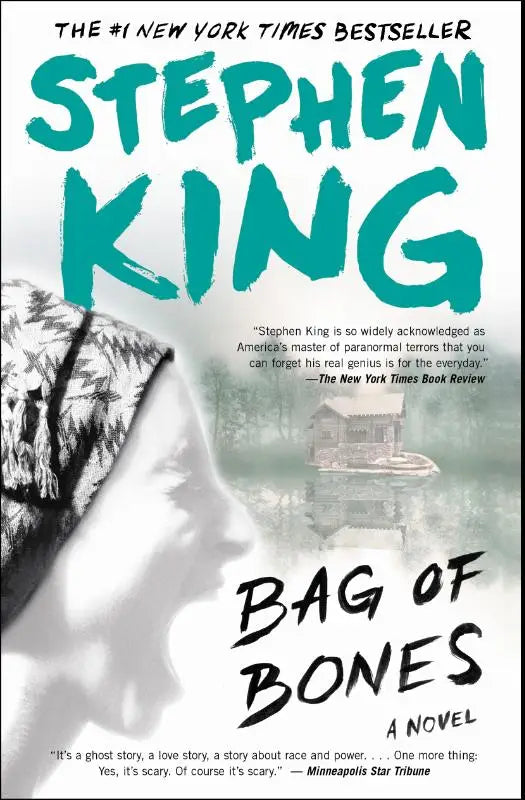 The book cover of stephen king novel bag of bones features a white and black illustration with teal lettering