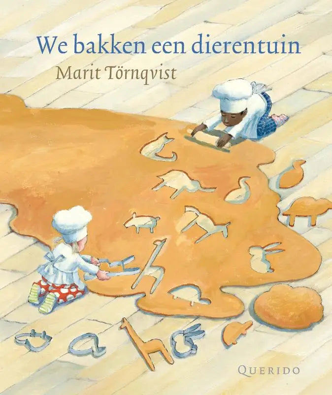 De boekcover van we bakken een dierentuin toont jonge lezers die dierenkoekjes maken met deeg en uitstekers