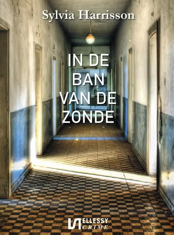 De boekcover van in de ban van de zonde toont een lange, schemerige gang met afbladderende verf en zwartwit tegelvloer