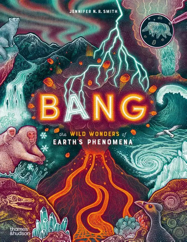 Vibrante geïllustreerde boekomslag van bang the wild wonders of earth’s phenomena door jennifer n. met aardse verschijnselen