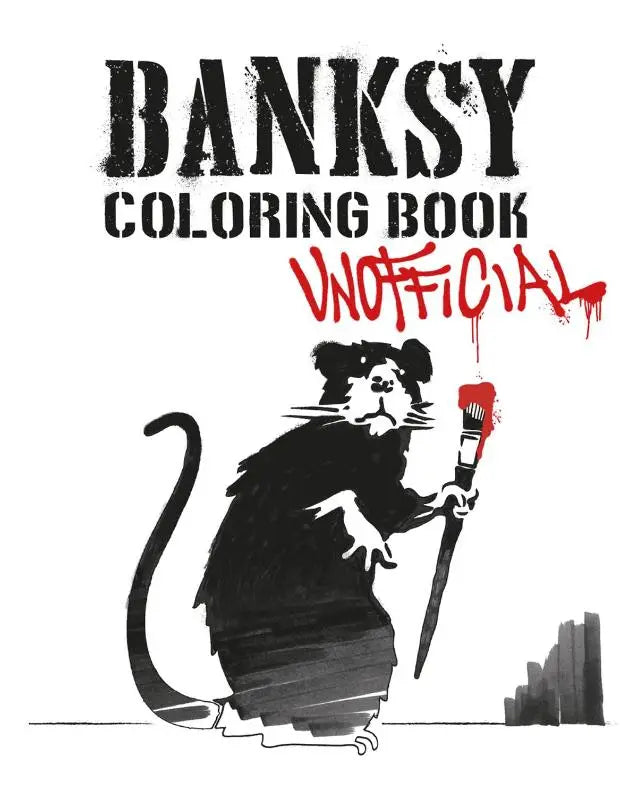 Illustratie van een zwart-witte rat met een rode kwast op de cover van een banksy coloring book kleurboek