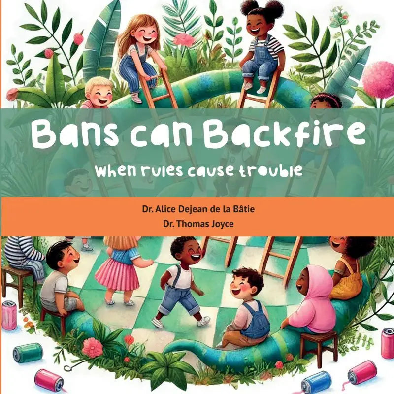 Kinderboek bans can backfire toont diverse kinderen spelend in groene tuin over wanneer regels problemen veroorzaken