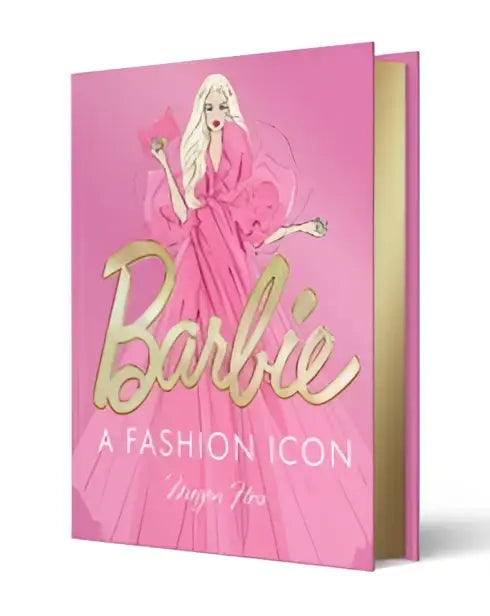 Roze barbie boekomslag met gouden folie barbie titel en illustratie van de pop in een vloeiende jurk over meest iconische fashion moments