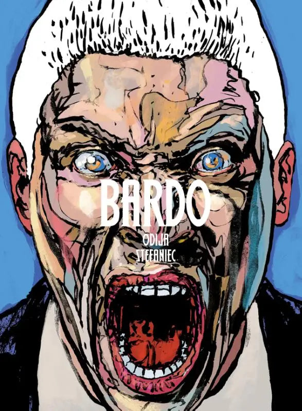 Een gestileerde stripboekcover van bardo met een man met wit haar en blauwe ogen die schreeuwt tegen een blauwe achtergrond