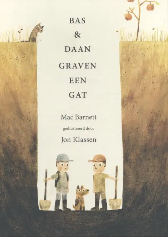 Illustratie kinderboek cover met bas en daan graven een gat door mac barnett en jon klassen met jongens en hond