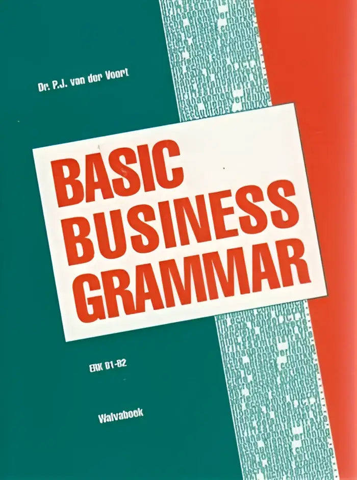 De boekomslag van basic business grammar toont vet rood schrift op een witte label met een groene en oranje achtergrond