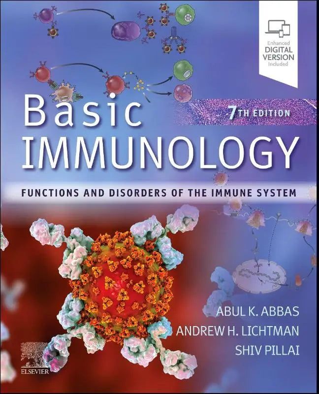 De 7e editie van basic immunology met een kleurrijke omslag en moleculaire illustraties over het immuunsysteem