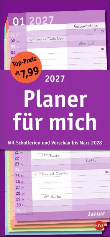 Basic Planer für mich 2027 - Praktischer Wandplaner mit 2 Spalten. Wandkalender mit Schulferien und 3-Monats-Ausblick aufs Folgejahr. Terminkalender 2027 zum Eintragen.