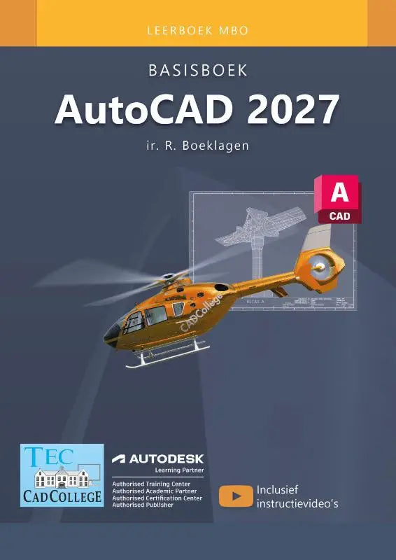 Orange helikopter grafiek op een donkerblauwe omslag van het basisboek autocad 2027 studieboek