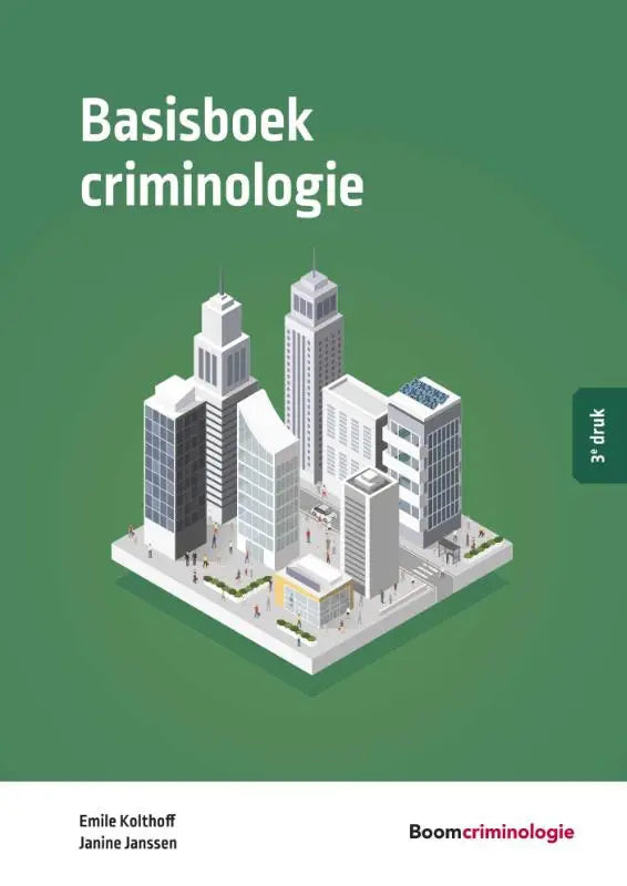 Groen basisboek criminologie met isometrische stadsillustratie door emile kolthoff voor algemene sociale wetenschappen