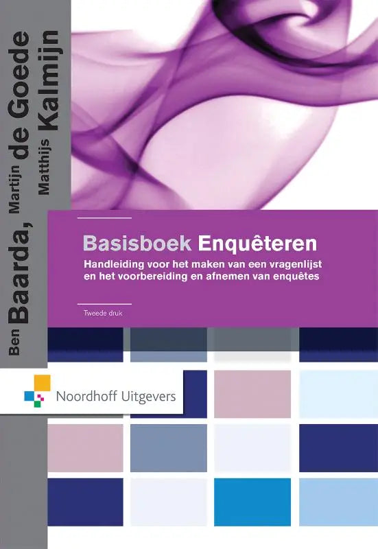 Paarse boekomslag van basisboek enquêteren met abstracte wervelende ontwerpen en kleurenwaaier onder titel van matthijs kalmijn