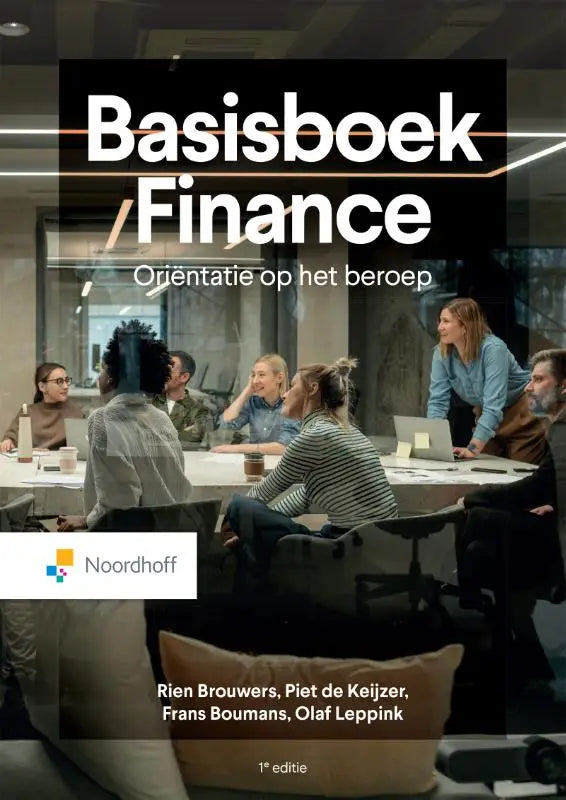De cover van basisboek finance toont een moderne kantorenscene met mensen rond een tafel en is uitgegeven door noordhoff