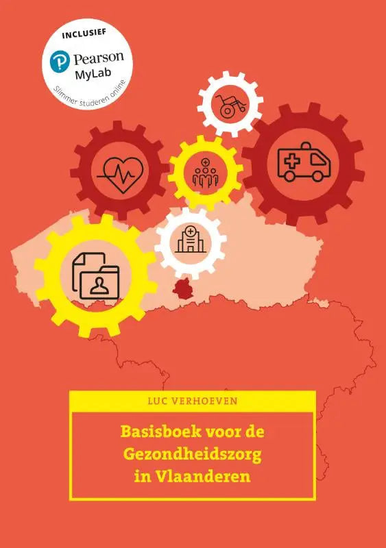 Vibrante oranje onderwijsboek cover met flanders kaart en tandwielen met iconen van gezondheidszorgdiensten