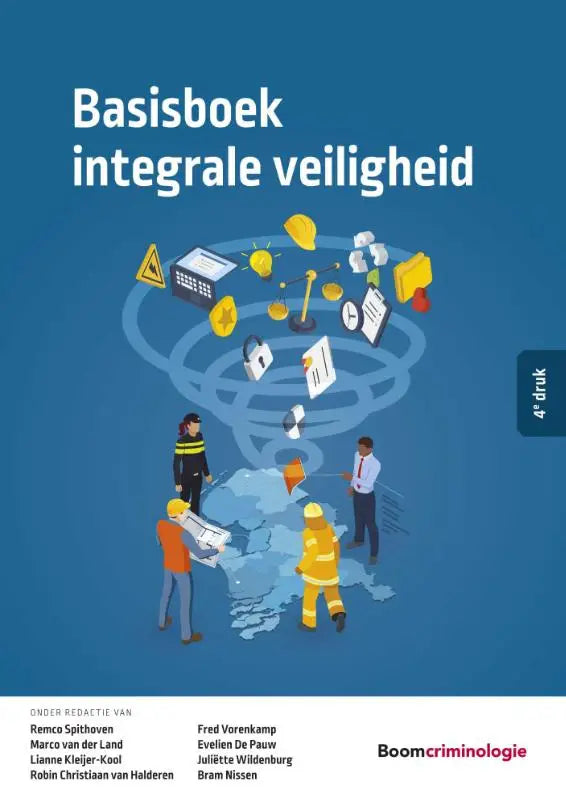 Blauw boek cover van basisboek integrale veiligheid met illustratieve iconen en figuren voor integrale veiligheid