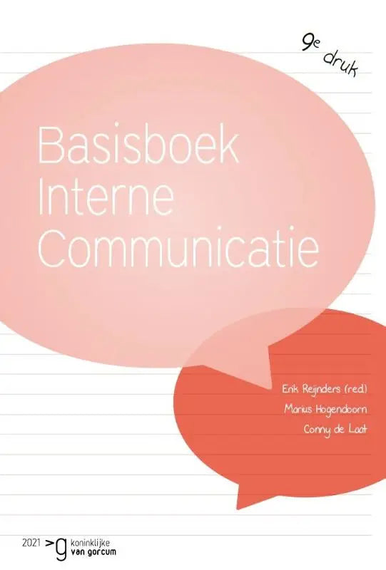Basisboek interne communicatie met roze en oranje spraakballonnen op de boekomslag voor interne communicatie doeleinden