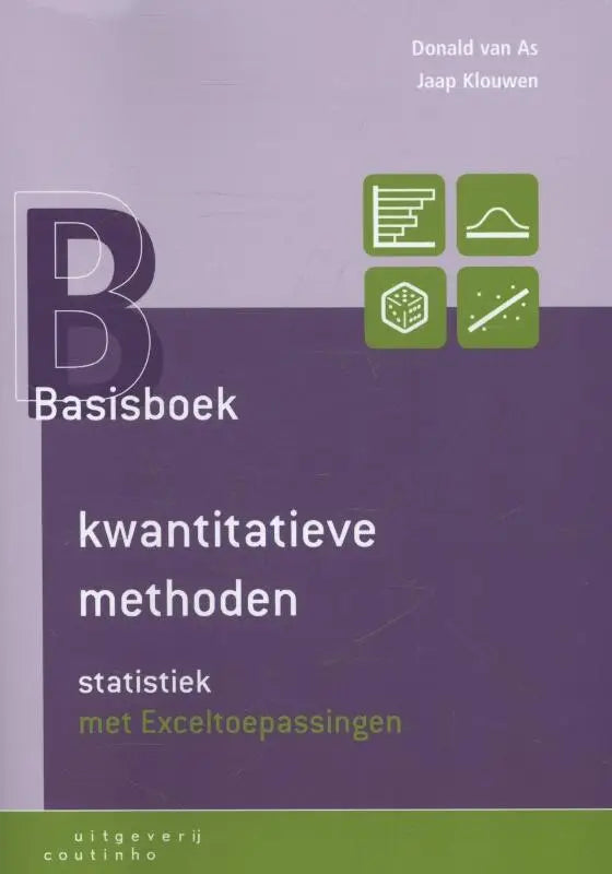 Paarse boekcover Basisboek kwantitatieve methoden met wit-groene tekst