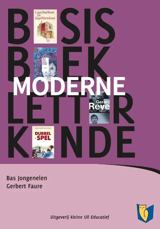 Paarse boekomslag van basisboek moderne letterkunde met vet zwarte en witte tekst en kleine inset afbeeldingen van vier boeken