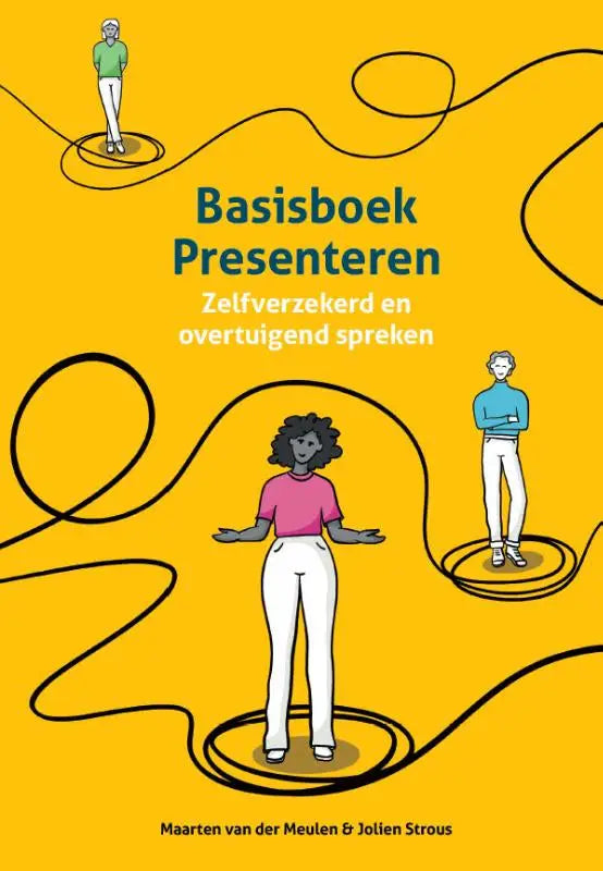 Felgeel basisboek presenteren met titel in vet turkoois en illustraties van drie mensen verbonden door lijnen voor communicatiekunde algemeen door jolien strous