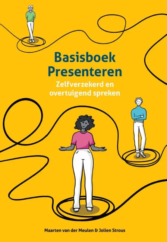 Heldergele paperback basisboek presenteren van jolien strous met illustraties en focus op communicatiekunde algemeen